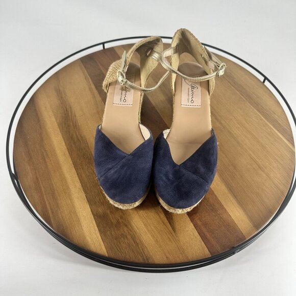 Navy Blue & Beige Juncal Aguirre Espadrille Wedge Sandals With Adjustable Ankle - Picture 5 of 9